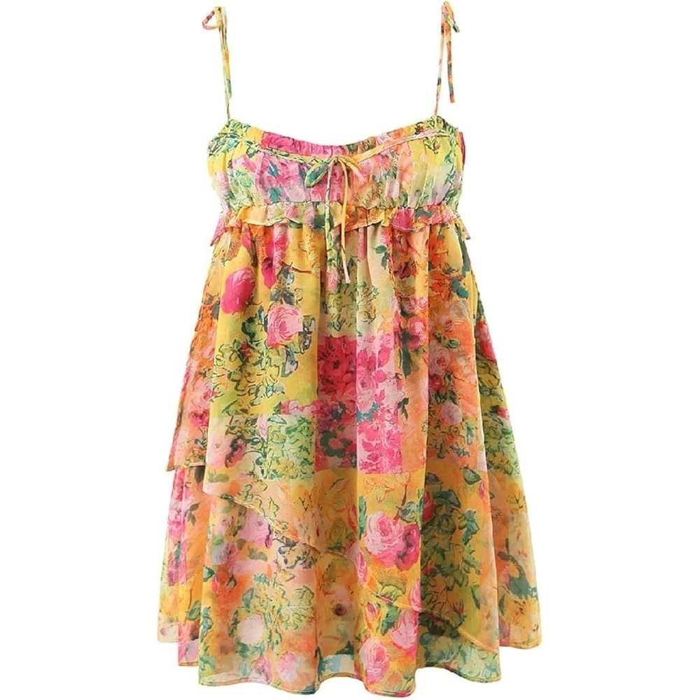 Boho Floral Babydoll Dress Large Yellow Lined Ruched Tie Euro Summer Tomato Girl